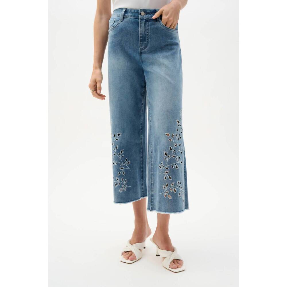NEW JOSEPH RIBKOFF repreve denim wide leg crop jeans with embroidery in blue